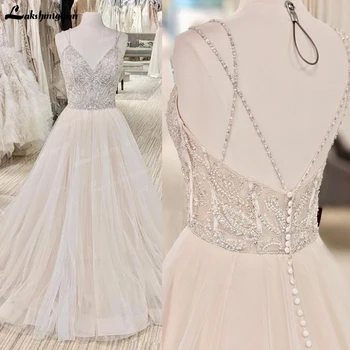 Güzel Uzun A-line V Yaka Glitter Backless düğün elbisesi 2022 Spagetti Sapanlar Gelin Tül Gelinlikler Elbiseler de Mariage