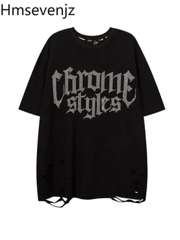 Hmsevenjz Gotik punk tişört Büyük Boy Siyah Kısa Kollu T-Shirt Casual O-Boyun Yaz Delik Y2k Vintage Tişört Kadın Üstleri Yeni