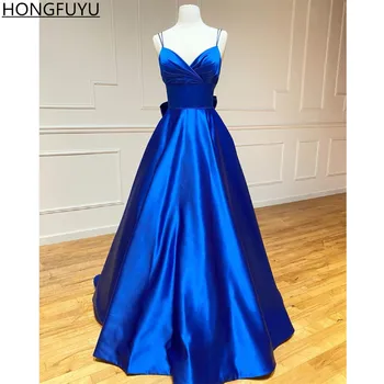 HONGFUYU Çarpıcı Kraliyet Mavi balo kıyafetleri Saten Çift Spagetti Sapanlar Abiye Yay Backless robe de soirée платье