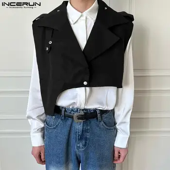 INCERUN 2023 Erkekler Düzensiz Yelekler Katı Yaka Kolsuz Casual Yelekler Bir Düğme Kore Streetwear Moda Erkek Yelekler S-5XL