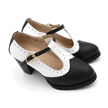 İngiliz Kolej Tarzı Renk Eşleştirme İle Kaba kadın ayakkabısı T-ayakkabı El Yapımı Hakiki Deri Lacivert Yüksek Topuklu Boyutu 34-40