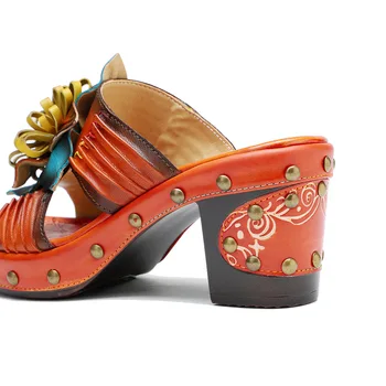 Johnature Hakiki Deri El boyalı Kadın Ayakkabı Dışında Terlik 2023 Yaz Yeni Retro Yüksek Topuklu Slaytlar platform sandaletler 3