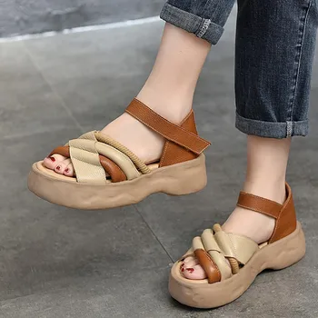 Johnature Hakiki Deri Kalın Taban Sandalet Yaz 2023 Yeni Su Geçirmez platform ayakkabılar Kadınlar Vintage Konfor Peep Toe Sandalet
