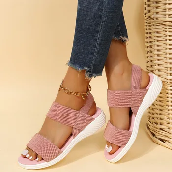 Kadın Kama Topuk Platformu Rahat Sandalet Bayanlar Açık plaj sandaletleri Elastik Bant tasarım ayakkabı Sandalet Kadın Yaz Yeni 2023