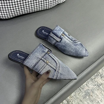 Kadın Tasarımcı Marka Denim Terlik 2023 Yeni Moda Sivri Burun Katır Sandalet Bayanlar Rahat düz ayakkabı Zapatos De Mujer