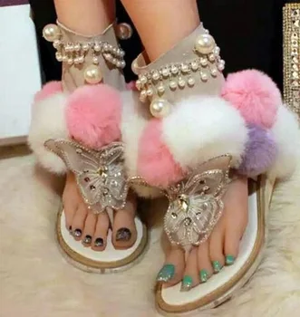 Kadınlar Düz Pom Pom Dekor Düz Sandalet Kristal Kelebek düğüm Yaz Ayakkabı Kesikler Sandalet Karışık Renk Kürk Gladyatör Sandalet