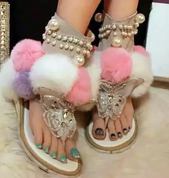 Kadınlar Düz Pom Pom Dekor Düz Sandalet Kristal Kelebek düğüm Yaz Ayakkabı Kesikler Sandalet Karışık Renk Kürk Gladyatör Sandalet 1