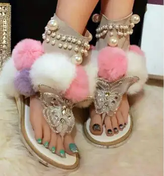 Kadınlar Düz Pom Pom Dekor Düz Sandalet Kristal Kelebek düğüm Yaz Ayakkabı Kesikler Sandalet Karışık Renk Kürk Gladyatör Sandalet 2