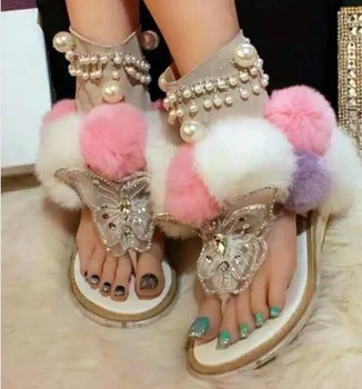 Kadınlar Düz Pom Pom Dekor Düz Sandalet Kristal Kelebek düğüm Yaz Ayakkabı Kesikler Sandalet Karışık Renk Kürk Gladyatör Sandalet 3