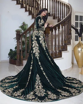 Karakou Cezayir Yeşil Abiye Ayrılabilir Tren İle Altın Dantel Aplikler Kristal Boncuklu Zarif Kadın Düğün Elbisesi
