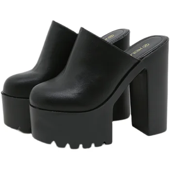Kare Topuk Platformu Katır Kadın Açık Terlik Peep Toe Sandalet Üzerinde kayma Ayakkabı Arkası Açık İskarpin Siyah Beyaz Büyük Kalite 4