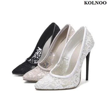 Kolnoo El Yapımı Yeni Varış Seksi Stil Bayan Yüksek Topuk Pompaları Dantel-deri Düğün Slip-on ayakkabılar Akşam Moda Sıcak Satış Ayakkabı