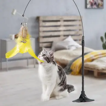 Komik Kedi Teaser Sopa Değiştirilebilir Kanca Tasarım Vantuz Uzun Çubuk İnteraktif Tüy Teaser Sopa Evcil Hayvan Malzemeleri