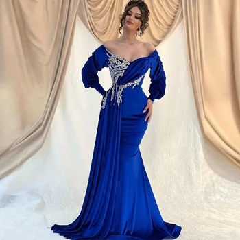 Kraliyet Mavi Dubai Saten Mermaid Abiye Aplikler Boncuk Uzun Kollu Balo Elbise Suudi Arabric Örgün Parti Kıyafeti