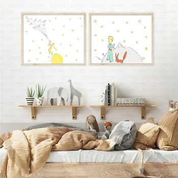 Küçük Prens Baskı Suluboya Kreş Sanat, Küçük Prens ve Tilki Tuval Boyama Çocuk Yatak odası duvar dekoru 1