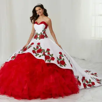 Kırmızı Charro Quinceanera elbise Balo Sevgiliye Ruffles Aplikler Boncuklu Kabarık Meksika Tatlı 16 Elbiseler 15 Anos