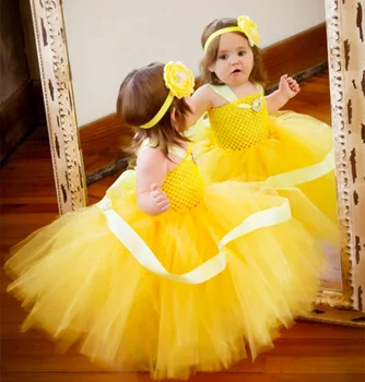 Kızlar Sarı Tığ Tutu Elbise Bebek Kabarık Tül kemerli elbise Balo Çiçek Kafa Bandı ile Çocuklar Cosplay Elbise Prenses Elbise