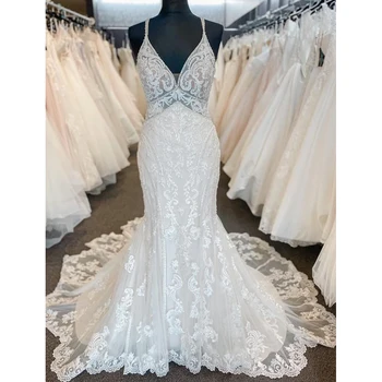 Lakshmigown Sapanlar Mermaid Dantel Kat Uzunluk Sivil Düğün DressTulle gelin kıyafeti Uzun düğün elbisesi Gelin Elbise vestido longo
