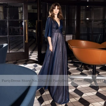 Lakshmigown Zarif Kadın Elbise Parti gece elbisesi 2022 Elbiseler de Kokteyl Lacivert Tül Uzun balo kıyafetleri Kabarık Yarım Kollu