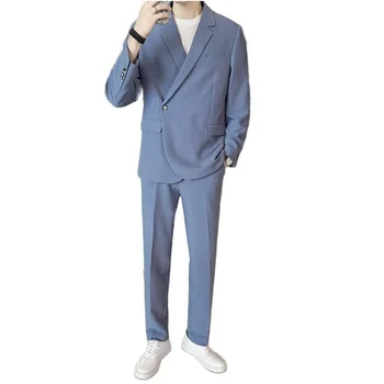 Lansboter Mavi Erkek Takım Elbise 2 Adet Kore Versiyonu Gevşek Örtü Katı Düğün Ziyafet İçin İş Günlük Seti Ceket Pantolon