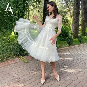 LelaAcra saten Dantel düğün elbisesi 2022 Tekne Boyun A-Line Düğme Yay Modern Orta Buzağı Prenses Gelin Törenlerinde AX101 Vestido de Noiva
