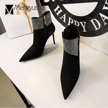 Lüks kristal akın kulübü çizmeler kadın ilmek sivri burun ayak bileği kısa botas fermuar ultra yüksek topuklu patik mujer stilettos