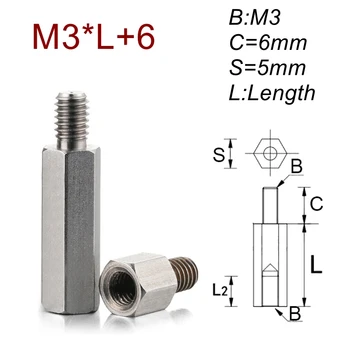 M3 * L + 6 Paslanmaz çelik Standoff Spacer Kadın Erkek Aralığı Vidalar Dişli Spacer hex spacer
