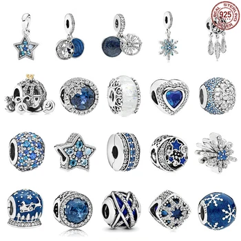 Mavi serisi kolye 925 ayar gümüş klasik taç kalp şeklinde kolye fit orijinal Pandora bilezik DIY hatıra hediye