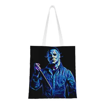Moda Baskı Michael Myers Tote alışveriş çantası Kullanımlık Tuval Omuz Alışveriş Cadılar Bayramı Korku Filmi Çanta