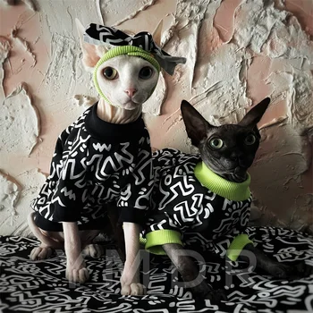 Moda Sfenks Tüysüz Kedi Giysileri Siyah ve Beyaz Graffiti Yuvarlak Boyun T-Shirt Pamuklu Kazak Pet Yavru Köpek Malzemeleri