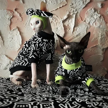 Moda Sfenks Tüysüz Kedi Giysileri Siyah ve Beyaz Graffiti Yuvarlak Boyun T-Shirt Pamuklu Kazak Pet Yavru Köpek Malzemeleri 1
