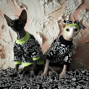 Moda Sfenks Tüysüz Kedi Giysileri Siyah ve Beyaz Graffiti Yuvarlak Boyun T-Shirt Pamuklu Kazak Pet Yavru Köpek Malzemeleri 2