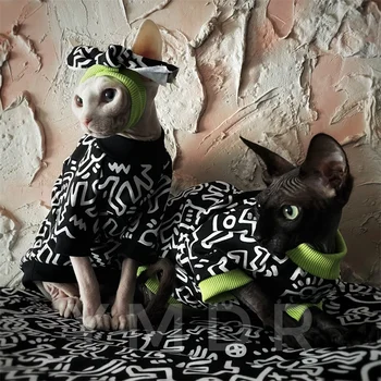 Moda Sfenks Tüysüz Kedi Giysileri Siyah ve Beyaz Graffiti Yuvarlak Boyun T-Shirt Pamuklu Kazak Pet Yavru Köpek Malzemeleri 3