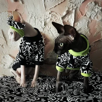 Moda Sfenks Tüysüz Kedi Giysileri Siyah ve Beyaz Graffiti Yuvarlak Boyun T-Shirt Pamuklu Kazak Pet Yavru Köpek Malzemeleri 4