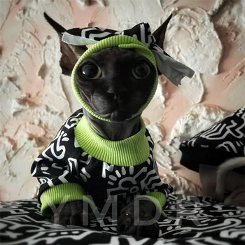 Moda Sfenks Tüysüz Kedi Giysileri Siyah ve Beyaz Graffiti Yuvarlak Boyun T-Shirt Pamuklu Kazak Pet Yavru Köpek Malzemeleri 5
