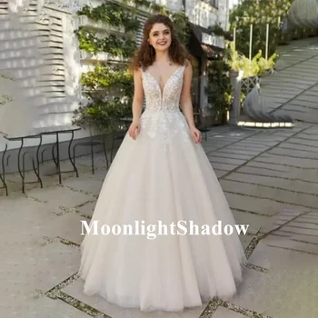 MoonlightShadow Derin V Yaka Spagetti Sapanlar düğün elbisesi A-line Backless gelinlikler Kolsuz Gelin Kıyafeti Robe De Mariée