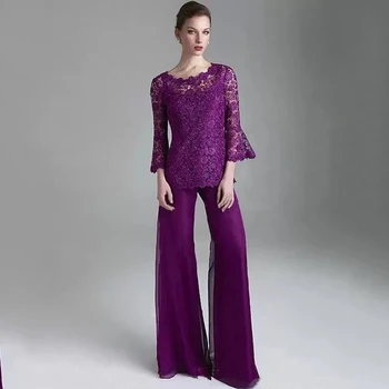 Mor Dantel Anne Gelin Pantolon Takım Elbise Sheer Jewel Boyun Uzun Kollu Düğün Konuk Elbise Artı Boyutu Şifon Anneler Akşam