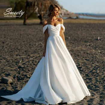 Plaj Kapalı Omuz düğün elbisesi Yumuşak Saten Backless Zarif Kolsuz gelinlikler Sevgiliye Robe De Mariee Simplici