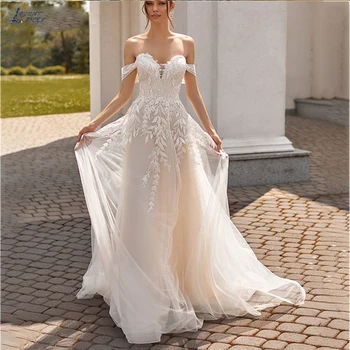 Prenses Kapalı Omuz düğün elbisesi 2023 Bir Çizgi Sevgiliye gelin kıyafeti Dantel Aplikler Tül vestidos de novia Uzun Kravat