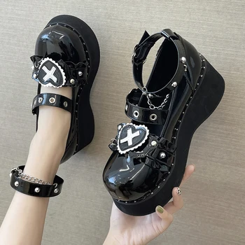 Punk Metal Zincir Platformu Lolita Ayakkabı Kadın Rugan Mary Jean Ayakkabı Kadın Japon Tarzı Düz Topuklu Ayak Bileği Sapanlar Ayakkabı