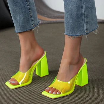 PVC Şeffaf seksi ayakkabılar Kadın Sandalet Katır 11cm Topuk Ayakkabı Terlik Açık Kadın tasarım ayakkabı Bayanlar Moda Parti Ayakkabı
