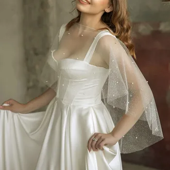 Pırıltılar Tül Düğün Bolero 2023 İnciler ile Bridald Pelerin Kadın Omuz Silkme Örgün Parti Wrap Özel Durum Ceket
