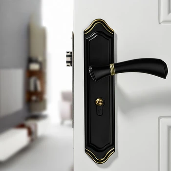 Resim Altın Kapı Kolu Kapalı yatak odası kapısı Kilidi Amerikan Siyah Banyo masif ahşap kapı Kolu Ev Sessiz Kolu Kilidi