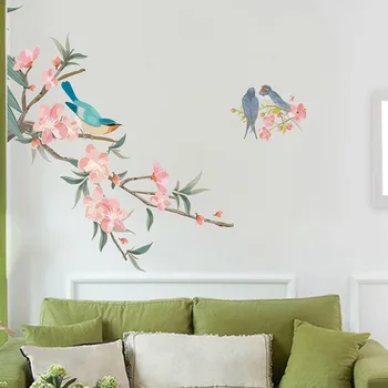 Saksağan Kuşlar Pembe Erik Çiçeği Çiçekler Şube Duvar Çıkartmaları Duvar Kağıdı Çıkarılabilir Kabuğu ve Sopa Dekorasyon Yatak Odası Oturma için