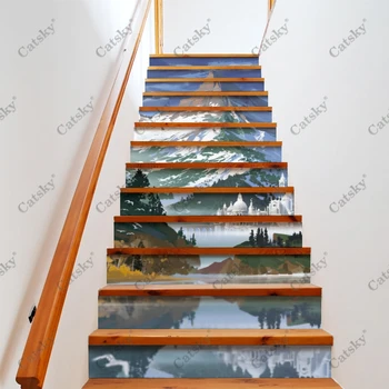 Sanatsal Dağ 2 Merdiven zemin çıkartmaları Su Geçirmez Çıkarılabilir Kendinden Yapışkanlı Dıy Merdiven Çıkartmaları Resimleri Ev Dekorasyonu 13 adet / takım 0