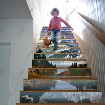 Sanatsal Dağ 2 Merdiven zemin çıkartmaları Su Geçirmez Çıkarılabilir Kendinden Yapışkanlı Dıy Merdiven Çıkartmaları Resimleri Ev Dekorasyonu 13 adet / takım 3