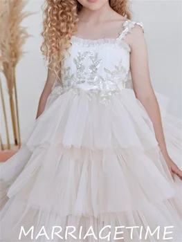 Sequins Çiçek Kız Elbise Dantel Düğün Tül Boncuk Aplikler Plise Balo İlk Communion Elbise Çocuklar Pageant Parti