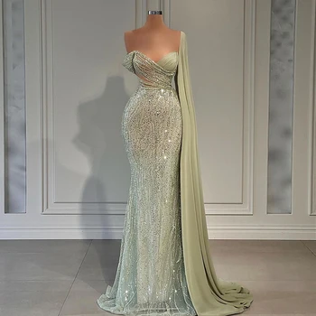Sharon Dedi Nane Yeşil Mermaid Lüks Dubai Abiye Pelerin Kollu Zarif Kadın Düğün Konuk Parti Balo Elbise RM034