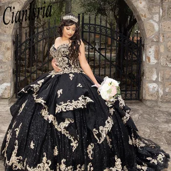 Siyah Prenses Quinceanera Elbiseler Altın Pullu Aplikler Balo Doğum Günü Elbisesi Sevgiliye Dantel-Up Tatlı 16 Elbise robe