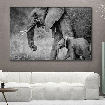 Siyah ve Beyaz Hayvanlar Fil ve Bebek Fil Duvar Sanatı Posterler ve Baskılar Tuval Boyama Duvar Sanatı Resimleri ıçin Oturma Odası